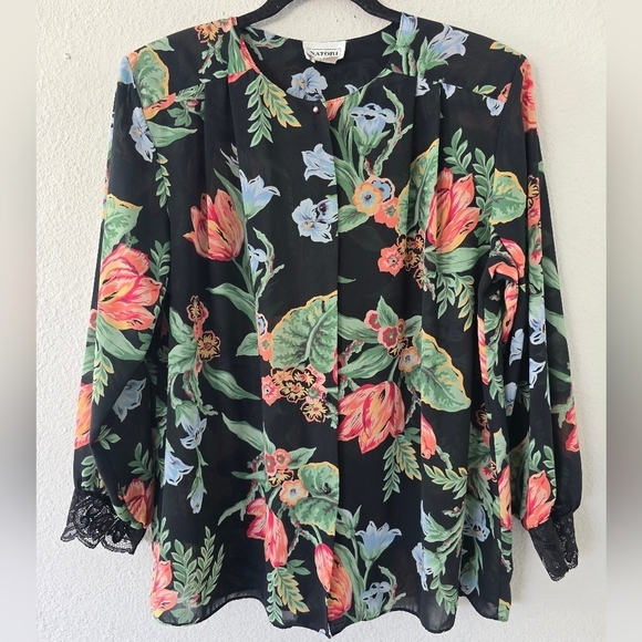 Vintage Natori Padded Blouse Women M Floral Colorful Print Lace Fairy Grunge - Picture 3 of 13